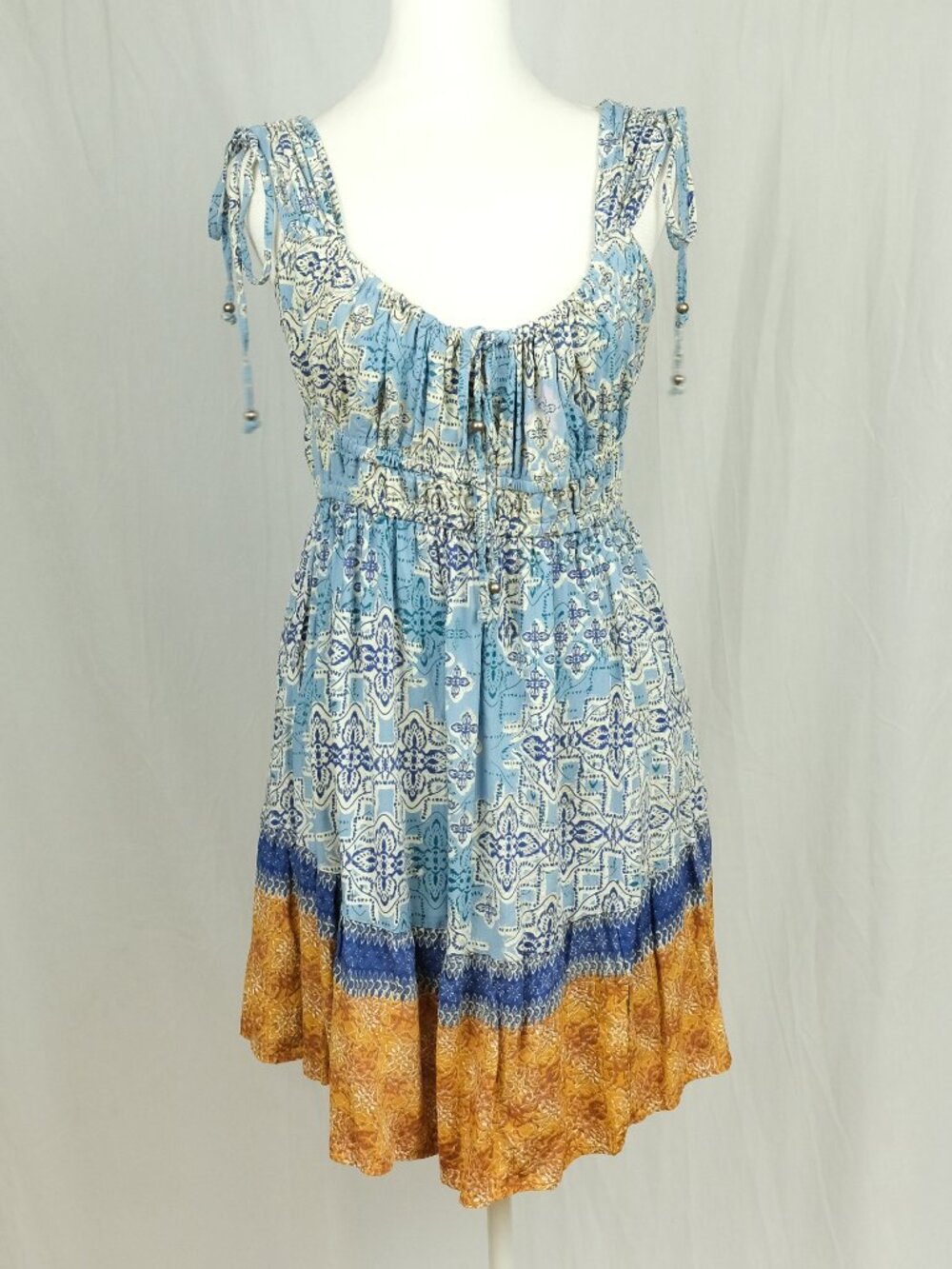 Angie Y2K Smocked Mini Dress Blue Medallion Print Boho XL